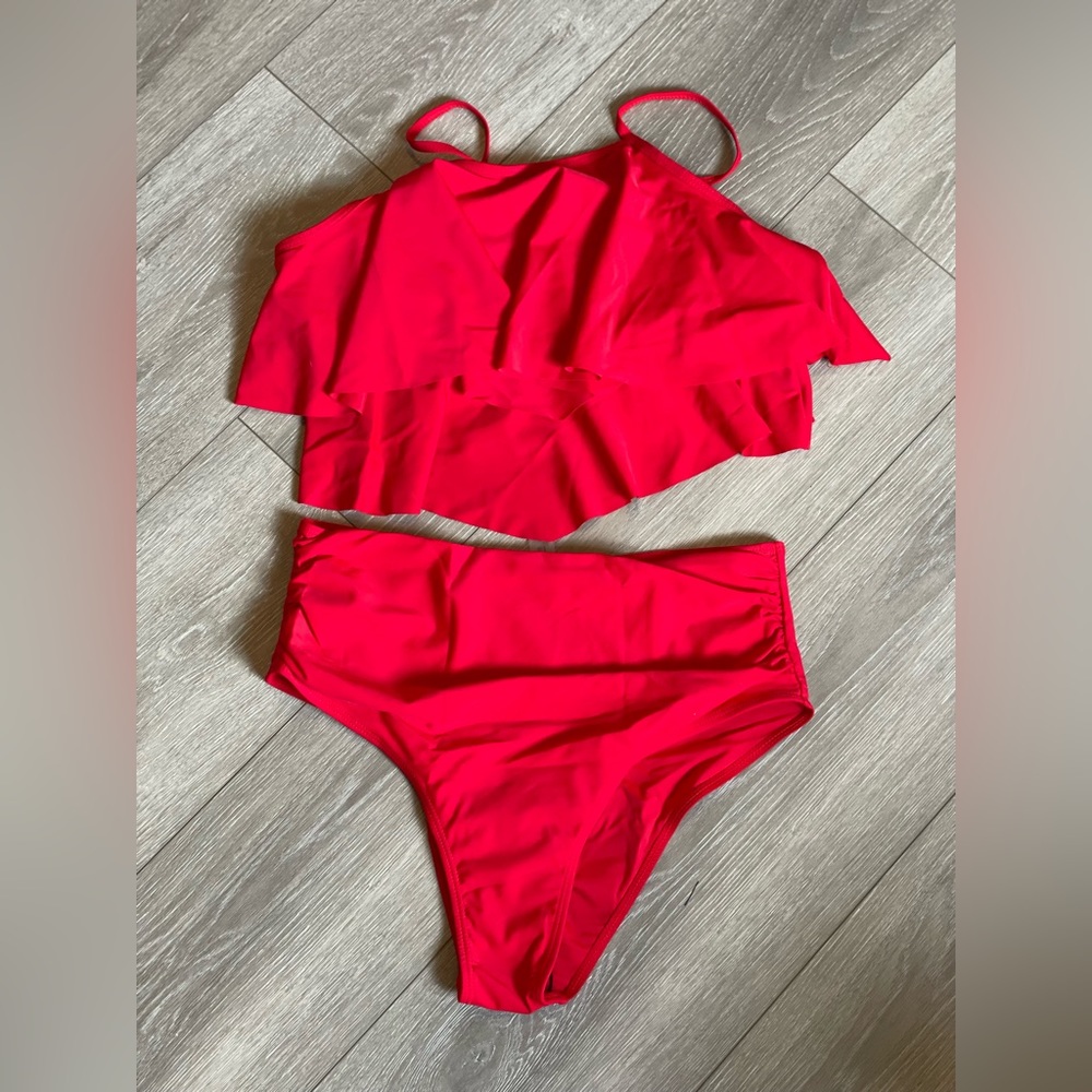 SHEIN Red ruched high waisted bikini